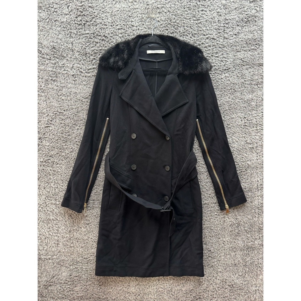 Givenchy Double Breasted Fur Collar Trench Coat Black Womens Size M